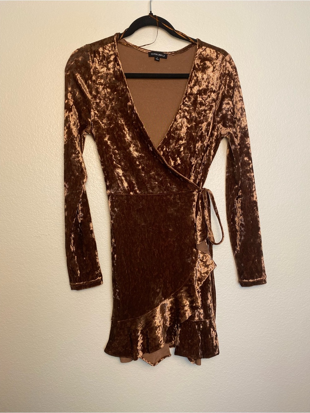 EUC Cotton Candy LA Velvet Wrap Dress Brown Mini Ruffle Hem Size Small
